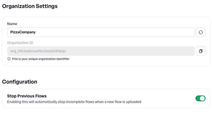 The Organization Settings pane with the Stop Previous Flows toggle enabled under Configuration